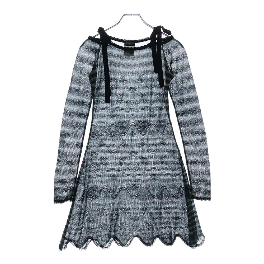 CHANEL(シャネル) 02AW ボーダー総柄 リボン ラインストーン ココマーク ロゴプレート ラメ シースルー ロングスリーブ 長袖 ニット ワンピース レディース P20205V01187