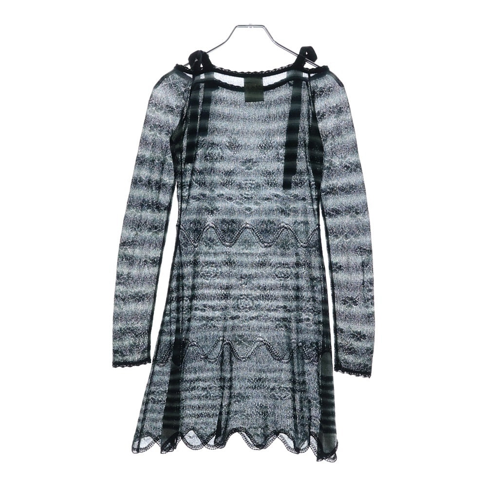 CHANEL(シャネル) 02AW ボーダー総柄 リボン ラインストーン ココマーク ロゴプレート ラメ シースルー ロングスリーブ 長袖 ニット ワンピース レディース P20205V01187