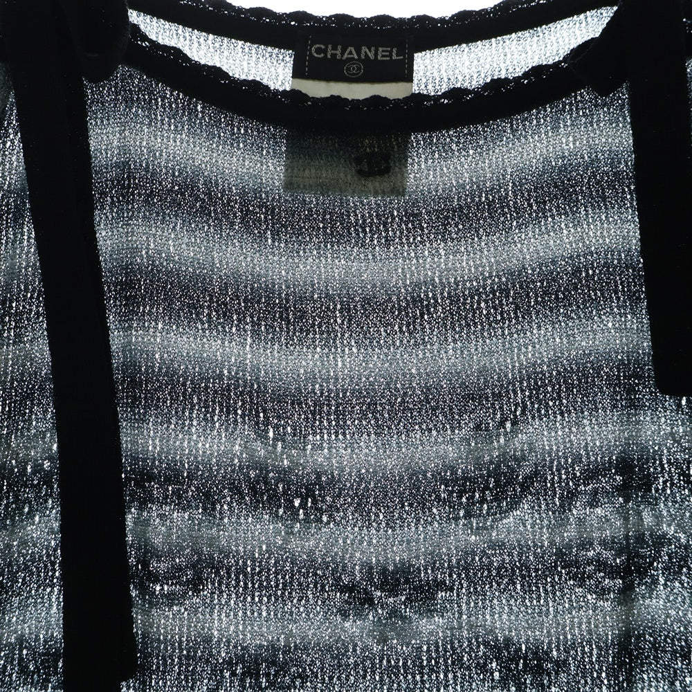 CHANEL(シャネル) 02AW ボーダー総柄 リボン ラインストーン ココマーク ロゴプレート ラメ シースルー ロングスリーブ 長袖 ニット ワンピース レディース P20205V01187