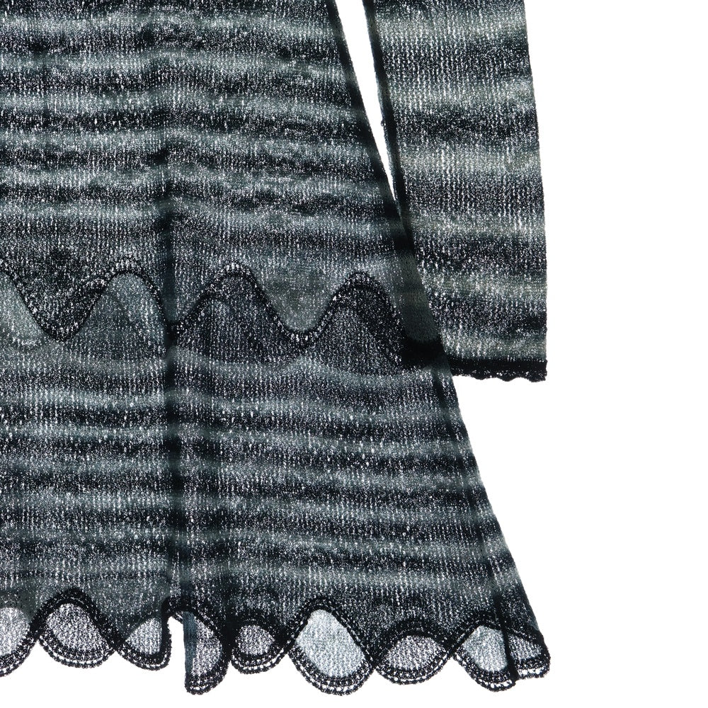 CHANEL(シャネル) 02AW ボーダー総柄 リボン ラインストーン ココマーク ロゴプレート ラメ シースルー ロングスリーブ 長袖 ニット ワンピース レディース P20205V01187