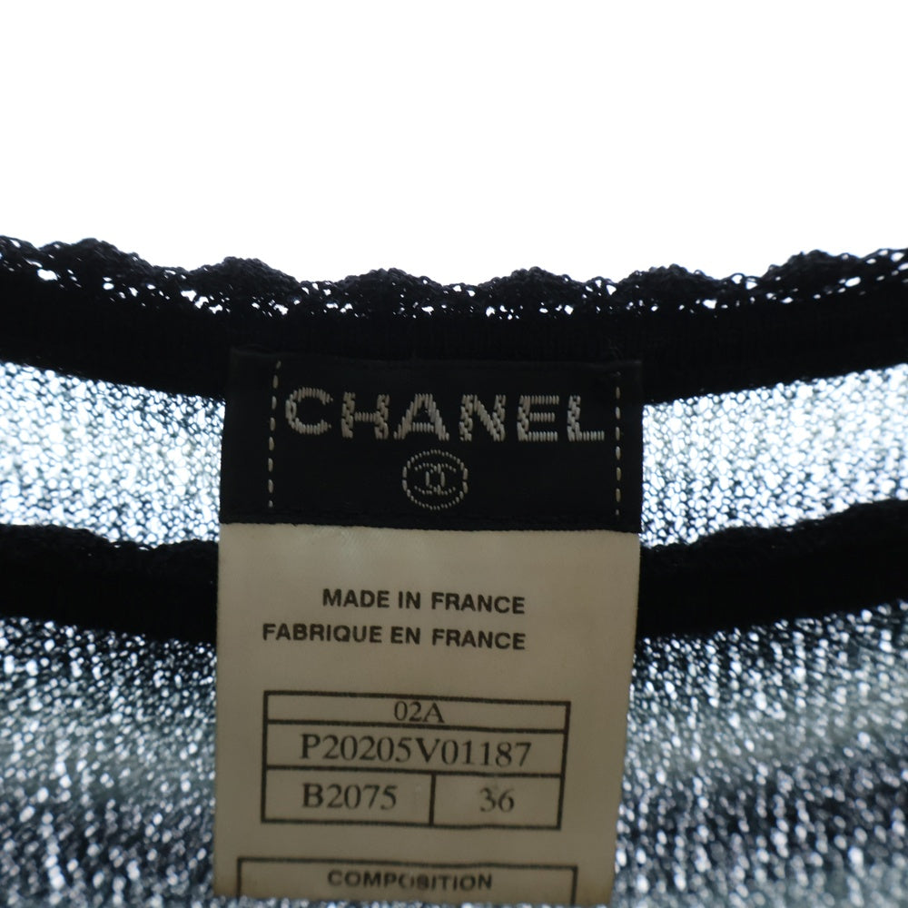 CHANEL(シャネル) 02AW ボーダー総柄 リボン ラインストーン ココマーク ロゴプレート ラメ シースルー ロングスリーブ 長袖 ニット ワンピース レディース P20205V01187
