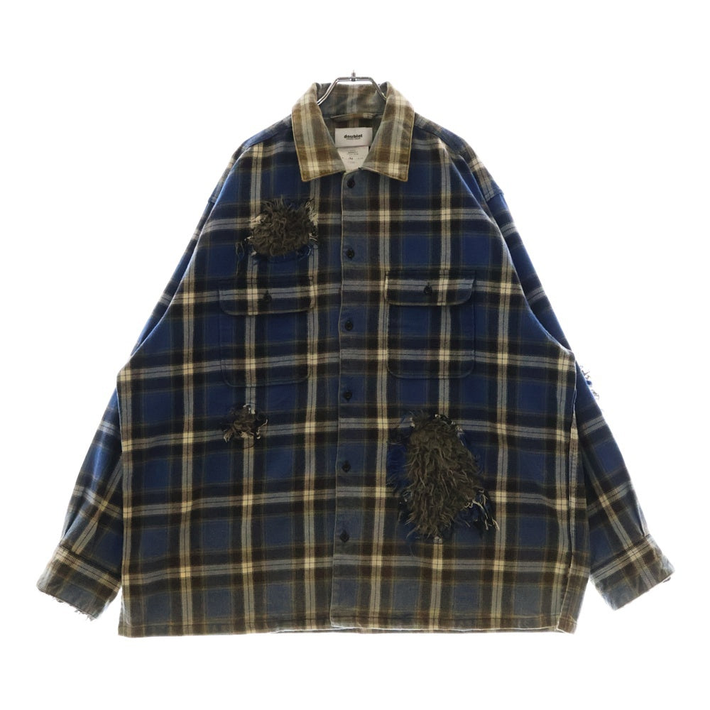 doublet(ダブレット) 23AW WEREWOLF CHECK SHIRT ウェアウルフチェックシャツ ファー切替 長袖 ブルー/ホワイト 23AW11SH132