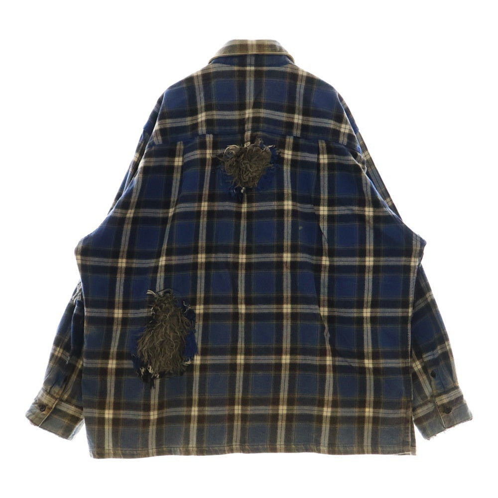 doublet(ダブレット) 23AW WEREWOLF CHECK SHIRT ウェアウルフチェックシャツ ファー切替 長袖 ブルー/ホワイト 23AW11SH132