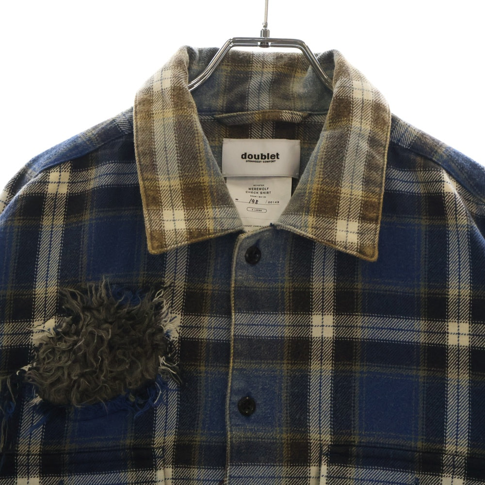 doublet(ダブレット) 23AW WEREWOLF CHECK SHIRT ウェアウルフチェックシャツ ファー切替 長袖 ブルー/ホワイト 23AW11SH132