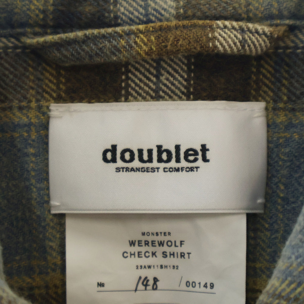 doublet(ダブレット) 23AW WEREWOLF CHECK SHIRT ウェアウルフチェックシャツ ファー切替 長袖 ブルー/ホワイト 23AW11SH132