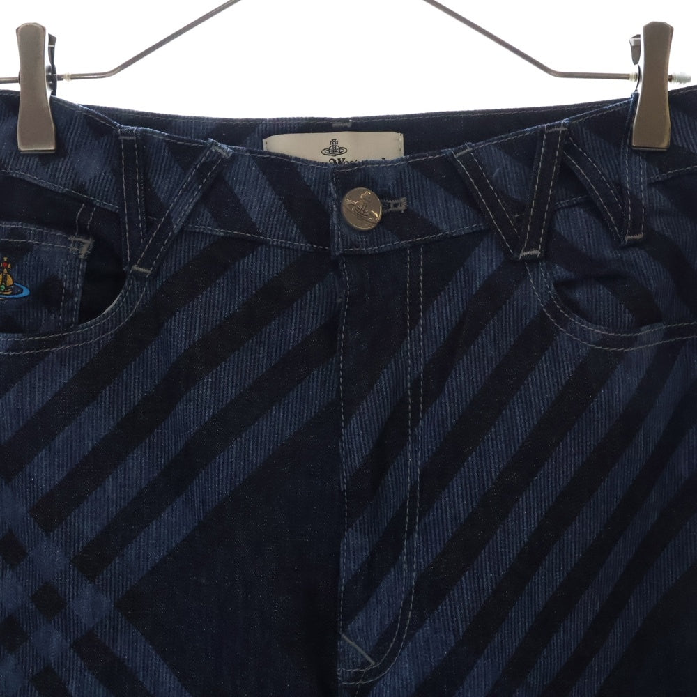 Vivienne Westwood(ヴィヴィアンウエストウッド) CHECK TAPERD JEANS チェック柄 テーパードジーンズ ジップフライデニムパンツ ブルー/ネイビー レディース