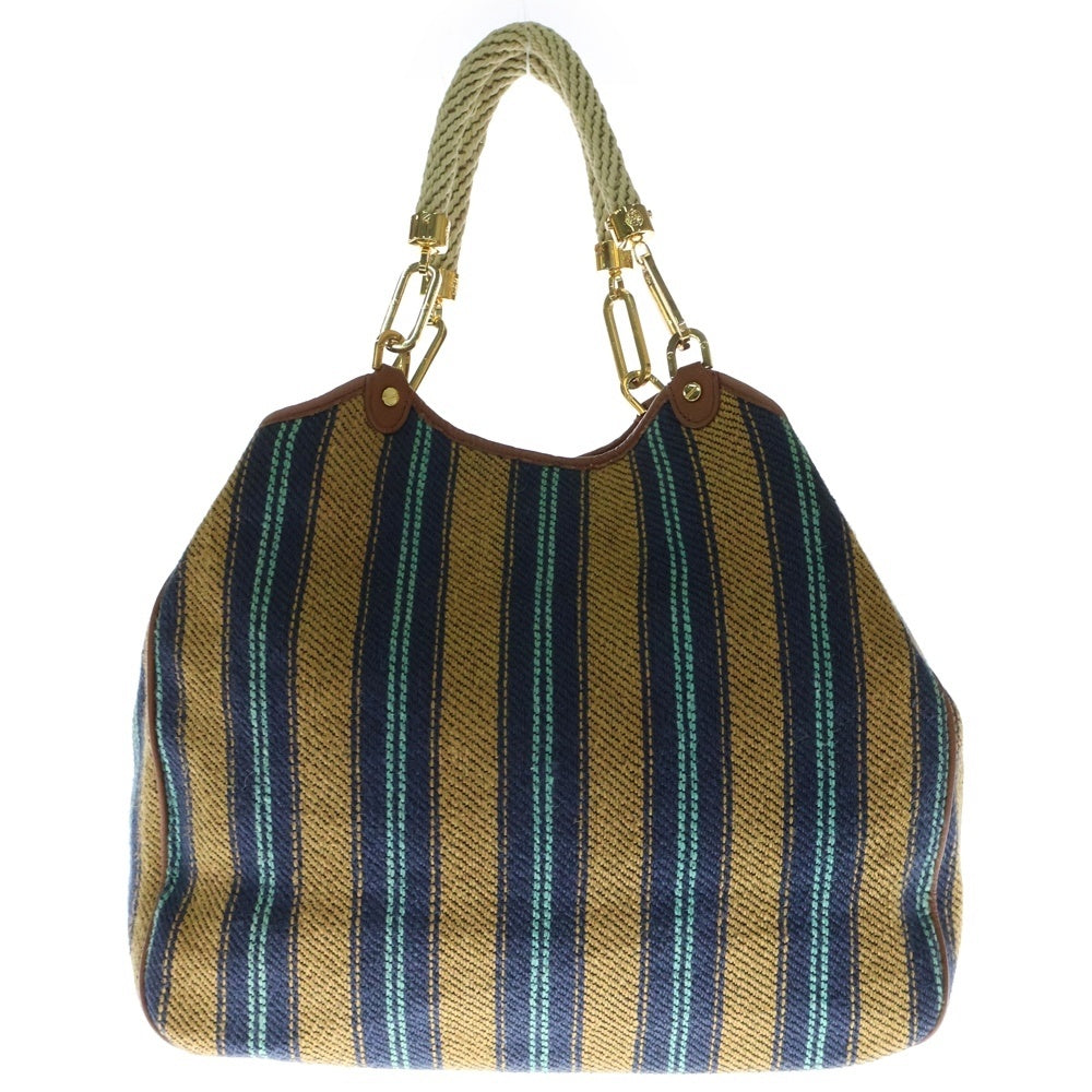 TORY BURCH(トリー バーチ) マルチストライプ ロゴモチーフ レザー切替 トートバッグ ブラウン/ネイビー/ブルー レディース