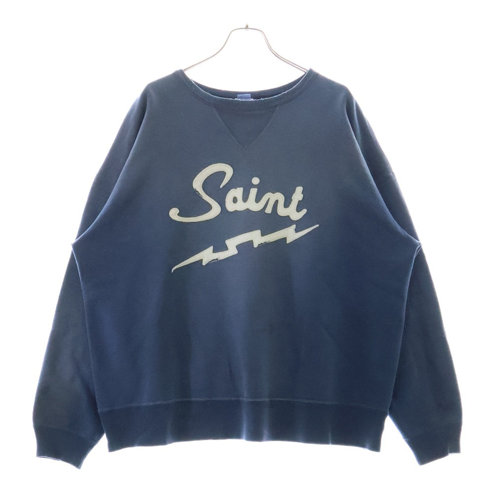 SAINT MICHAEL(セントマイケル) 25SS SAINT CRW-N SWEAT ヴィンテージ加工 フロントワッペンロゴ クルーネックスウェットトレーナー ブルー SM-HR8-0000-046