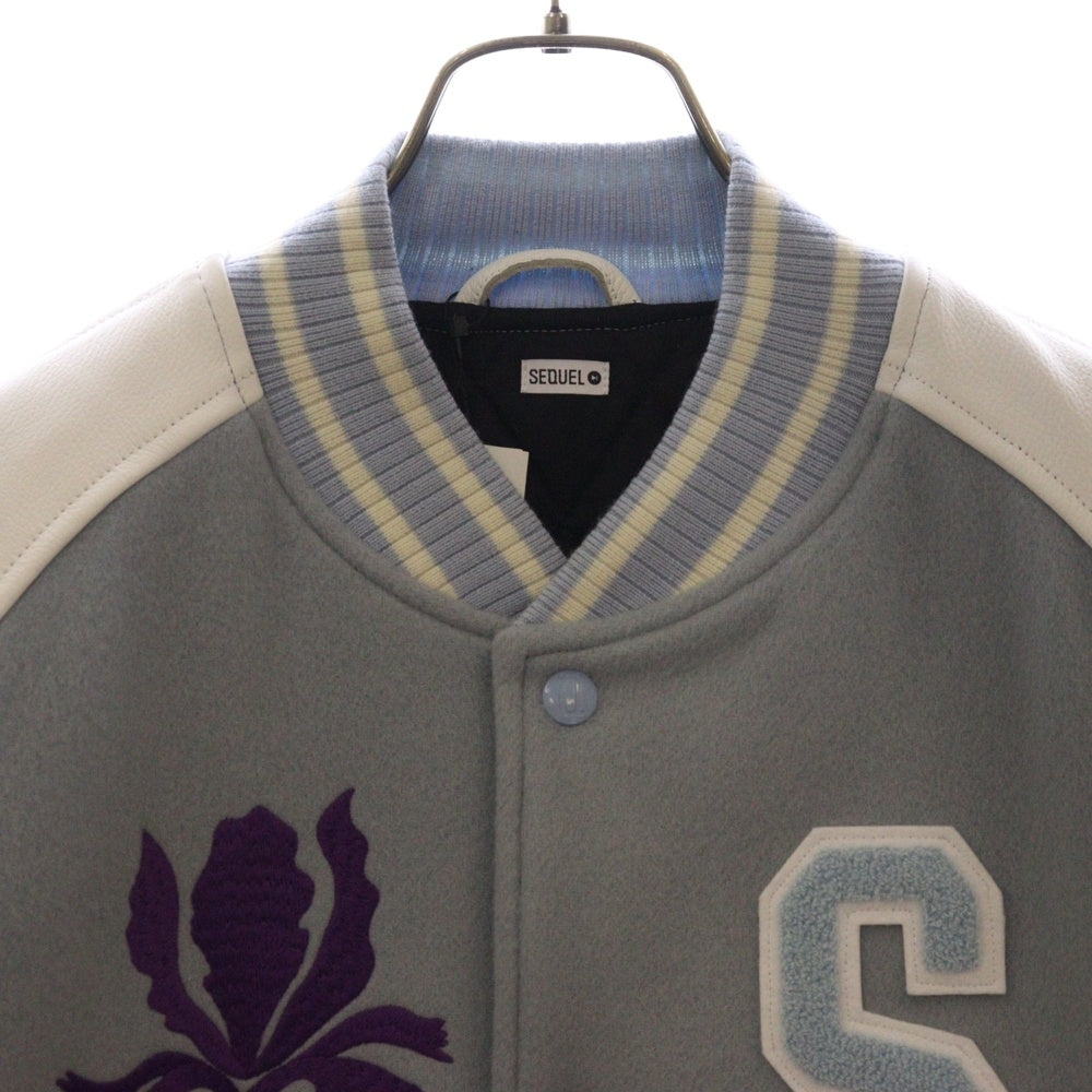 SEQUEL(シークエル) 22AW VARSITY JACKET ウール ロゴパッチ レザー バーシティ ジャケット ブルゾン ライトブルー/ホワイト SQ-22AW-JK-06