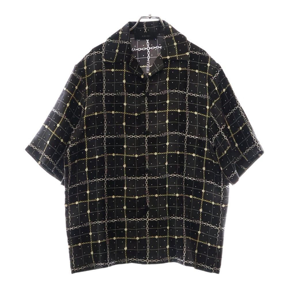 AMIRI(アミリ) シルクサテン チェーンロゴ オープンカラー 半袖シャツ ブラック