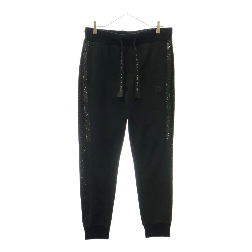 Philipp Plein(フィリッププレイン) トルコ製 サイドラインストーン装飾 ロゴパッチ トラックパンツ ブラック