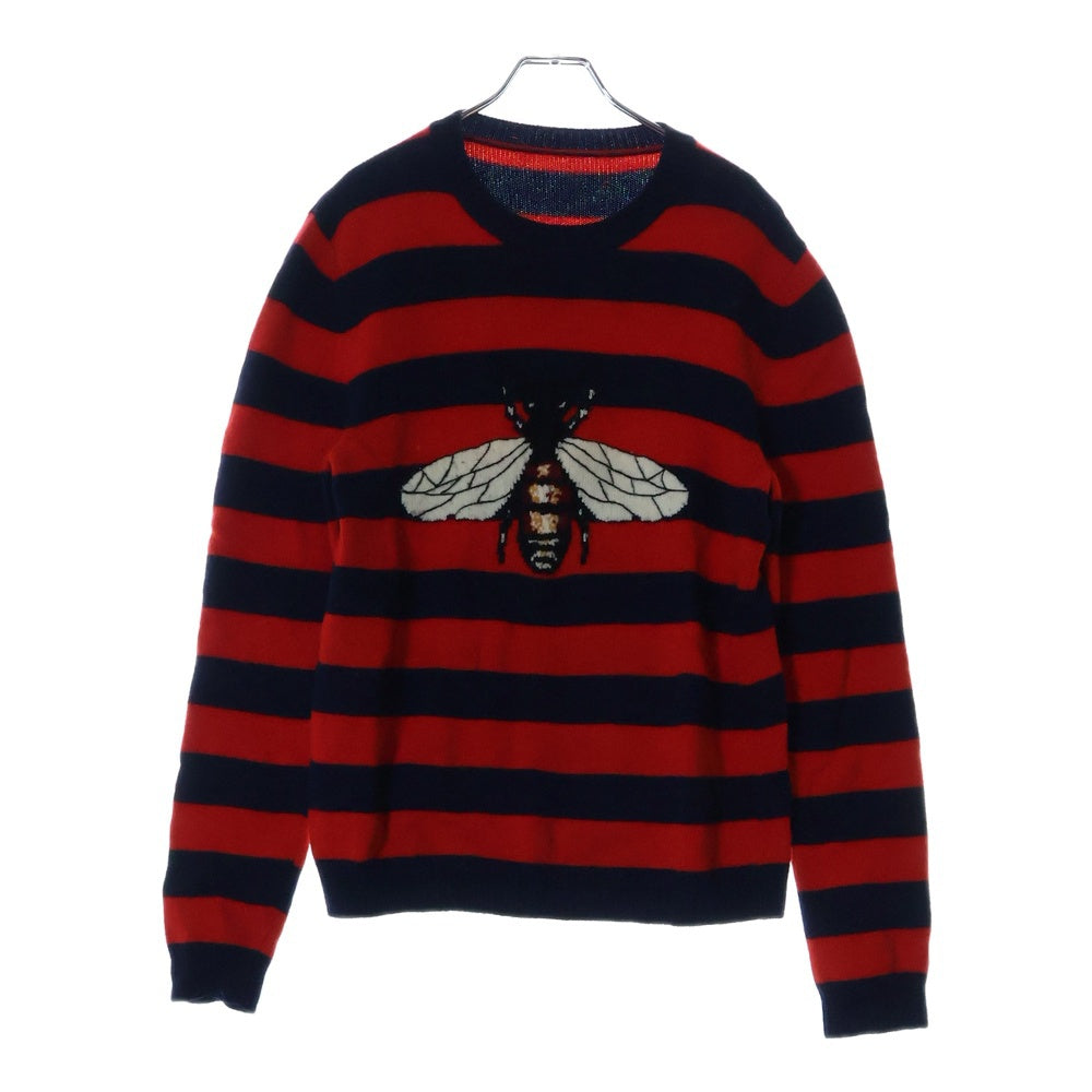 GUCCI(グッチ) Loved Bee ラブ ビー 蜂 ボーダー総柄 ウール長袖ニット セーター レッド/ネイビー 499248