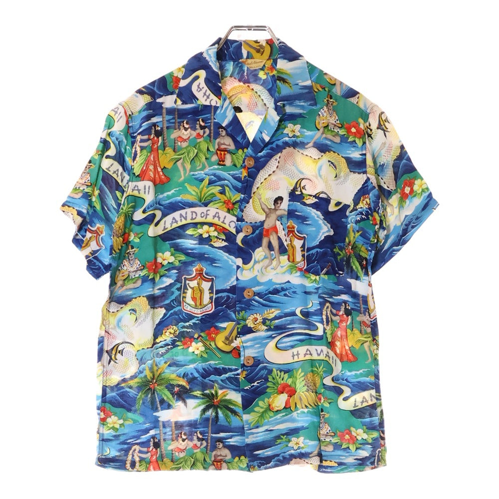 VINTAGE(ヴィンテージ) 50S VINTAGE 初期タグ Hale Hawaii LAND of ALOHA ハレハワイ ランドオブアロハ 総柄プリント オープンカラー アロハ ハワイアン 半袖シャツ ブルー