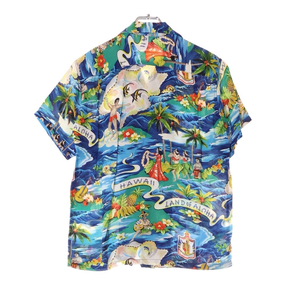 VINTAGE(ヴィンテージ) 50S VINTAGE 初期タグ Hale Hawaii LAND of ALOHA ハレハワイ ランドオブアロハ 総柄プリント オープンカラー アロハ ハワイアン 半袖シャツ ブルー