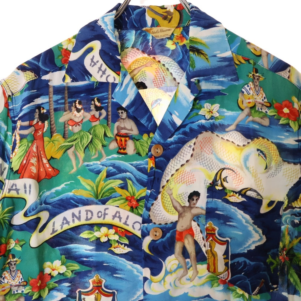 VINTAGE(ヴィンテージ) 50S VINTAGE 初期タグ Hale Hawaii LAND of ALOHA ハレハワイ ランドオブアロハ 総柄プリント オープンカラー アロハ ハワイアン 半袖シャツ ブルー