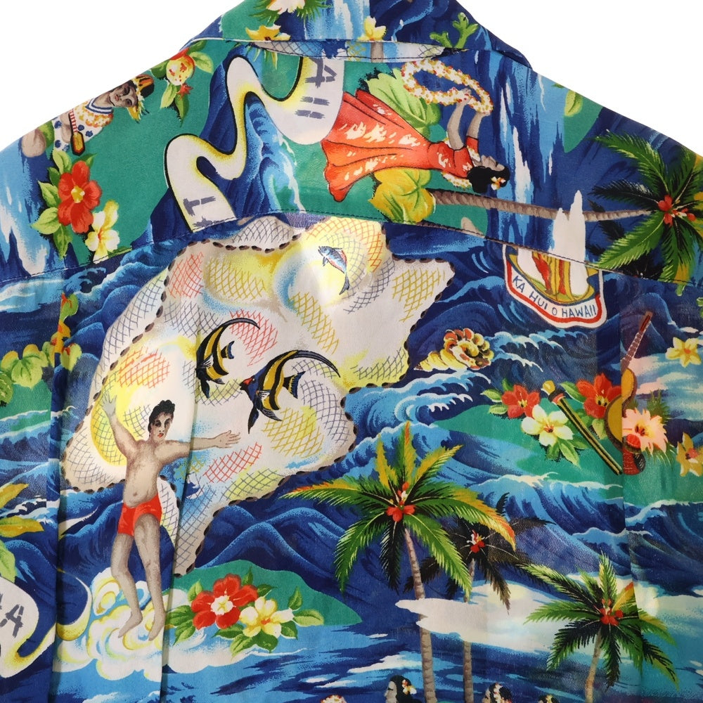 VINTAGE(ヴィンテージ) 50S VINTAGE 初期タグ Hale Hawaii LAND of ALOHA ハレハワイ ランドオブアロハ 総柄プリント オープンカラー アロハ ハワイアン 半袖シャツ ブルー