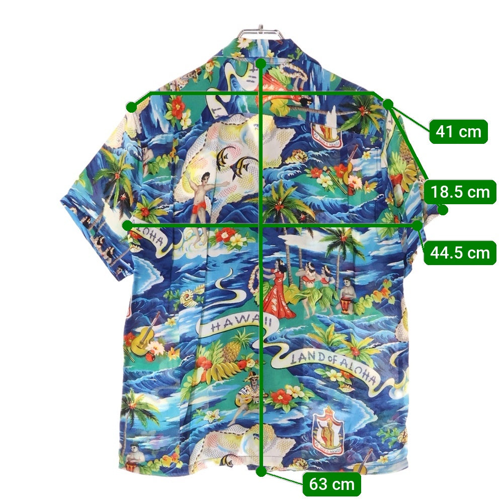 VINTAGE(ヴィンテージ) 50S VINTAGE 初期タグ Hale Hawaii LAND of ALOHA ハレハワイ ランドオブアロハ 総柄プリント オープンカラー アロハ ハワイアン 半袖シャツ ブルー