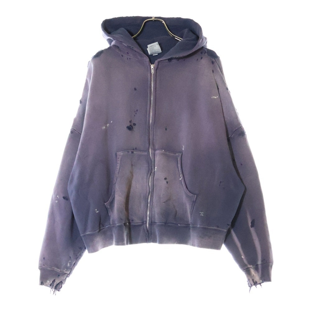 SAINT MICHAEL(セントマイケル) 25SS ZIP UP HOODIE DOUBLE FACE ジップアップフーディー ダブル フェイス ダメージ加工 パーカー ネイビー SM-HR8-0000-054