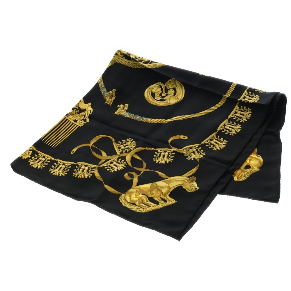 HERMES(エルメス) カレ90 RYBAL 黄金の騎士 フランス製 シルク スカーフ ブラック/ゴールド