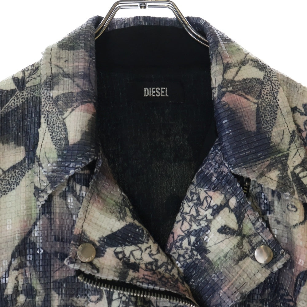 DIESEL(ディーゼル) 総柄アートプリント スパンコール装飾 ダブルライダースジャケット マルチカラー レディース