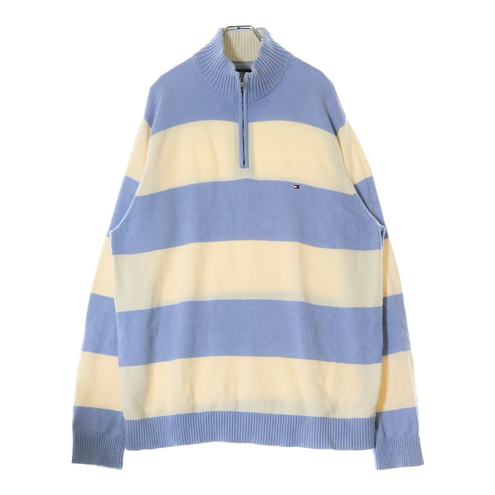 TOMMY HILFIGER(トミーヒルフィガー) ボーダー柄 ハイネック ハーフジップニットセーター ホワイト/ブルー
