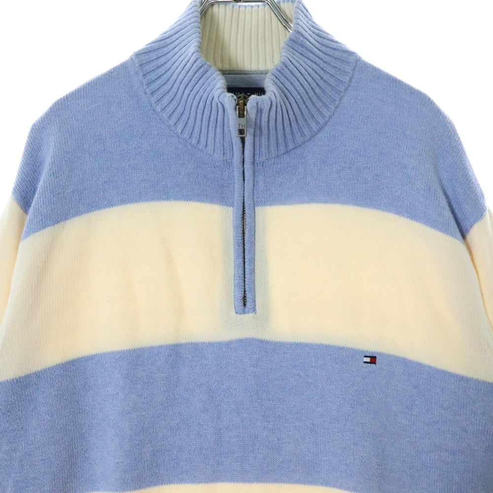TOMMY HILFIGER(トミーヒルフィガー) ボーダー柄 ハイネック ハーフジップニットセーター ホワイト/ブルー