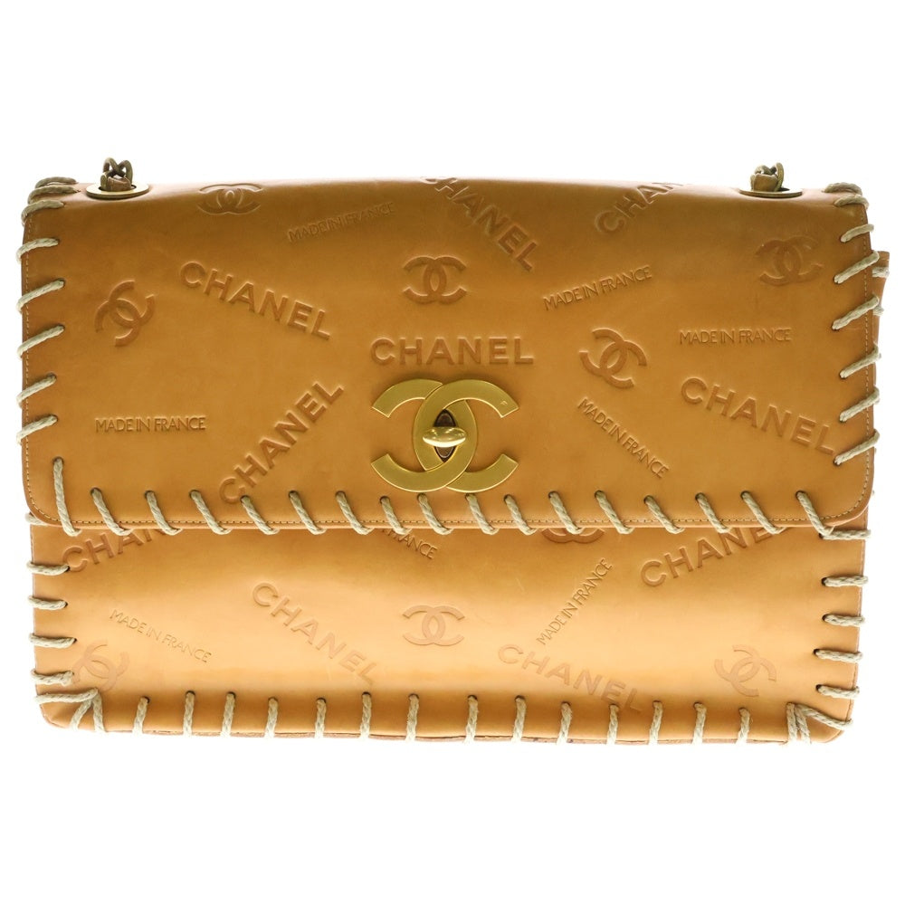 CHANEL(シャネル) タンレザー ロゴエンボス マキシフラップ チェーンショルダーバッグ ブラウン ゴールド金具 2番台 レディース