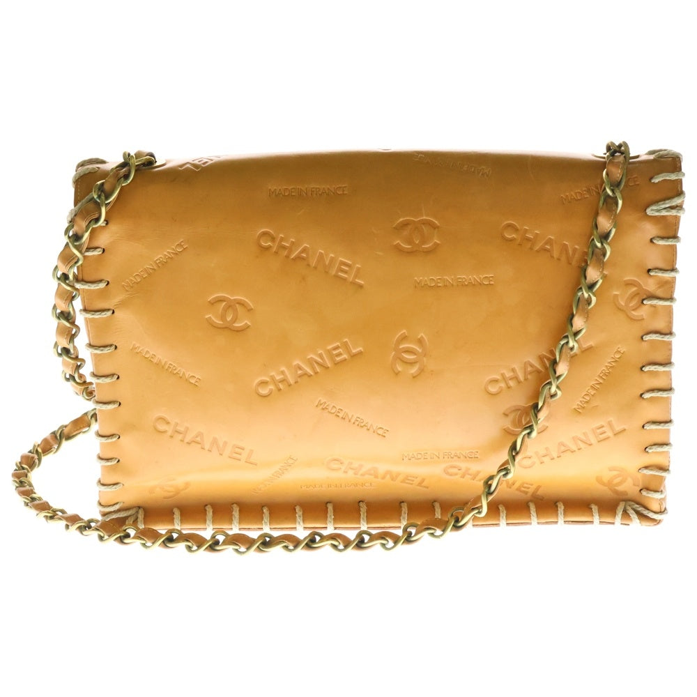 CHANEL(シャネル) タンレザー ロゴエンボス マキシフラップ チェーンショルダーバッグ ブラウン ゴールド金具 2番台 レディース