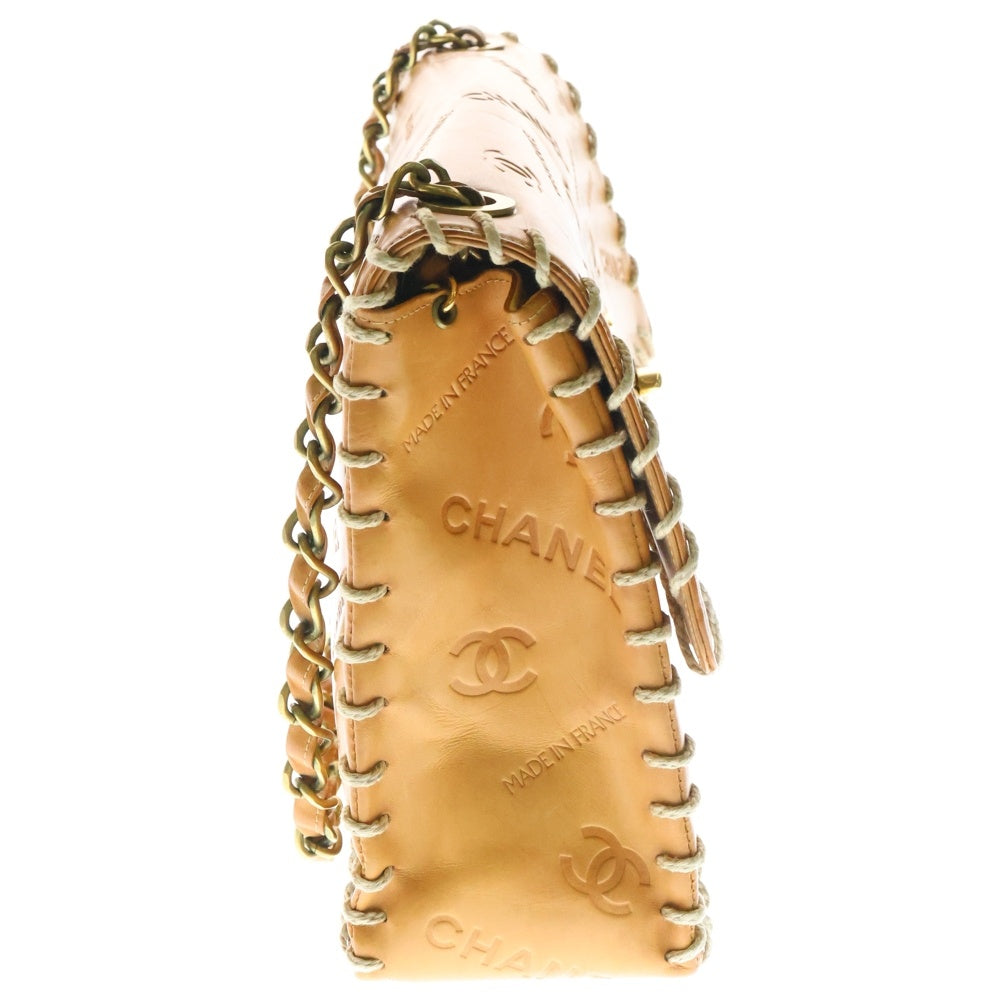 CHANEL(シャネル) タンレザー ロゴエンボス マキシフラップ チェーンショルダーバッグ ブラウン ゴールド金具 2番台 レディース