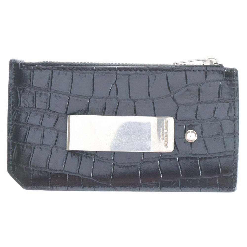 SAINT LAURENT PARIS(サンローランパリ) クロコ型押し ビルクリップ ジッパーカードケース スマートウォレット ブラック 612071