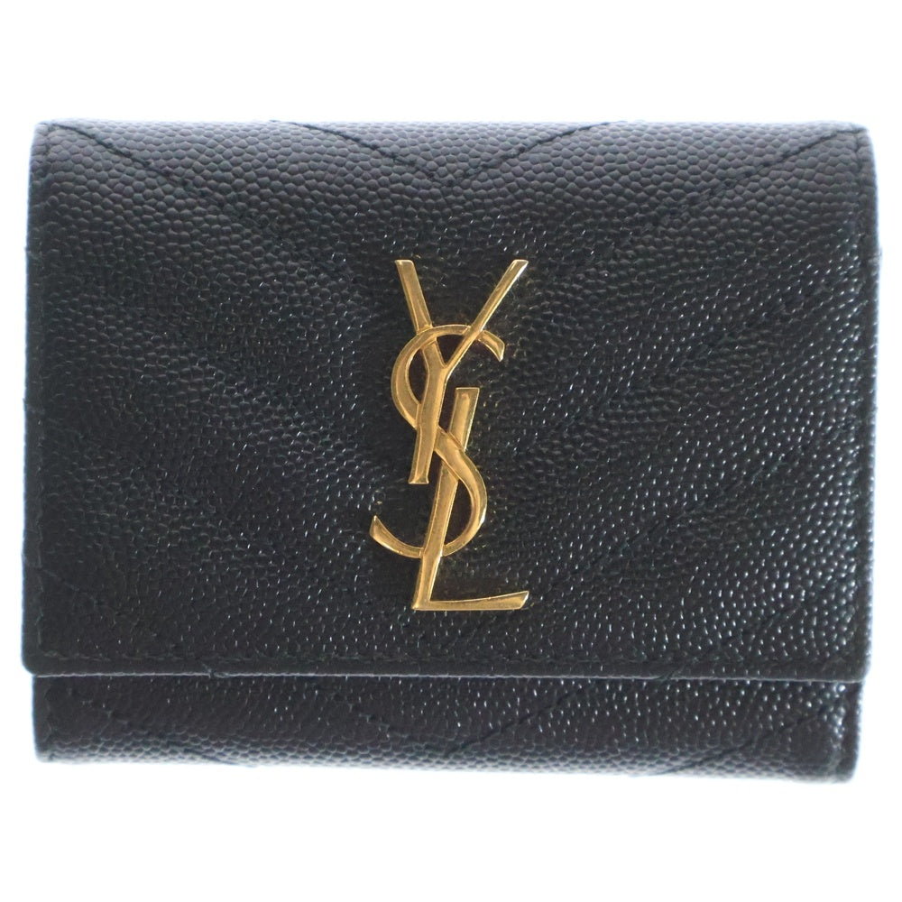 YVES SAINT LAURENT(イヴサンローラン) V字キルティング グレインド プードル エンボス レザー 六連 三つ折り キーケース ブラック 580656