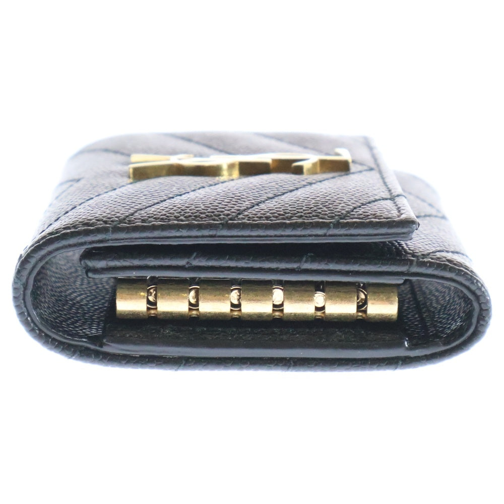 YVES SAINT LAURENT(イヴサンローラン) V字キルティング グレインド プードル エンボス レザー 六連 三つ折り キーケース ブラック 580656