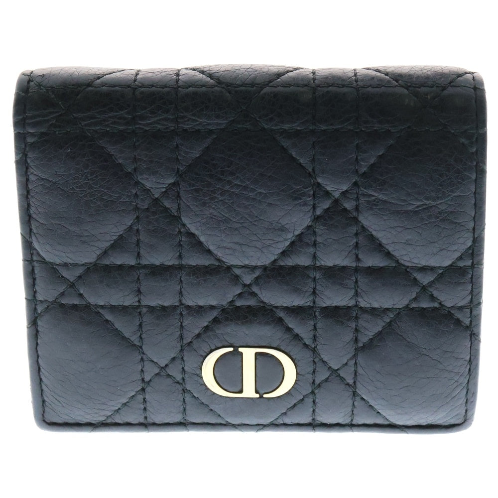 Christian Dior(クリスチャンディオール) CARO カナージュ カーフスキン レザー コンパクト ウォレット 二つ折り財布 レディース ネイビー/ベージュ 33-MA-0262