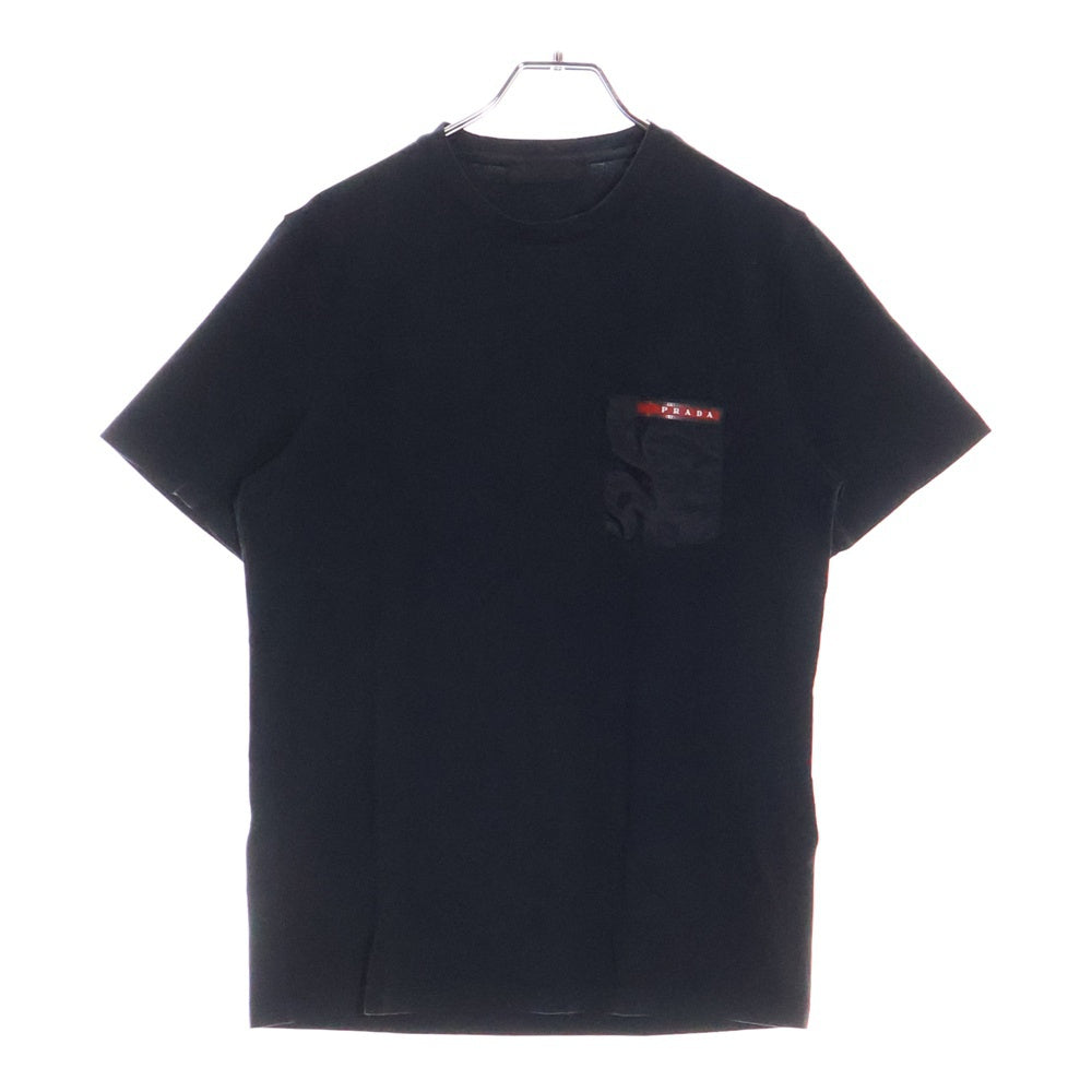 PRADA(プラダ) 15SS ナイロン切替 ラバーロゴ クルーネック半袖Tシャツ カットソー ネイビー SJM979 R151 710