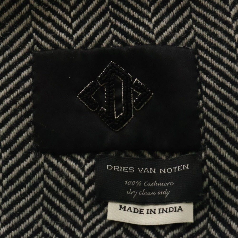DRIES VAN NOTEN(ドリスヴァンノッテン) カシミヤ ヘリンボーン柄 フリンジ 大判マフラー ブラック/ホワイト
