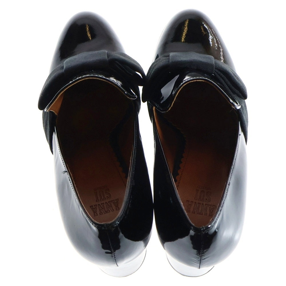 ANA SUI(アナスイ) 日本製 エナメル リボンモチーフ ヒールブーツ ブラック レディース