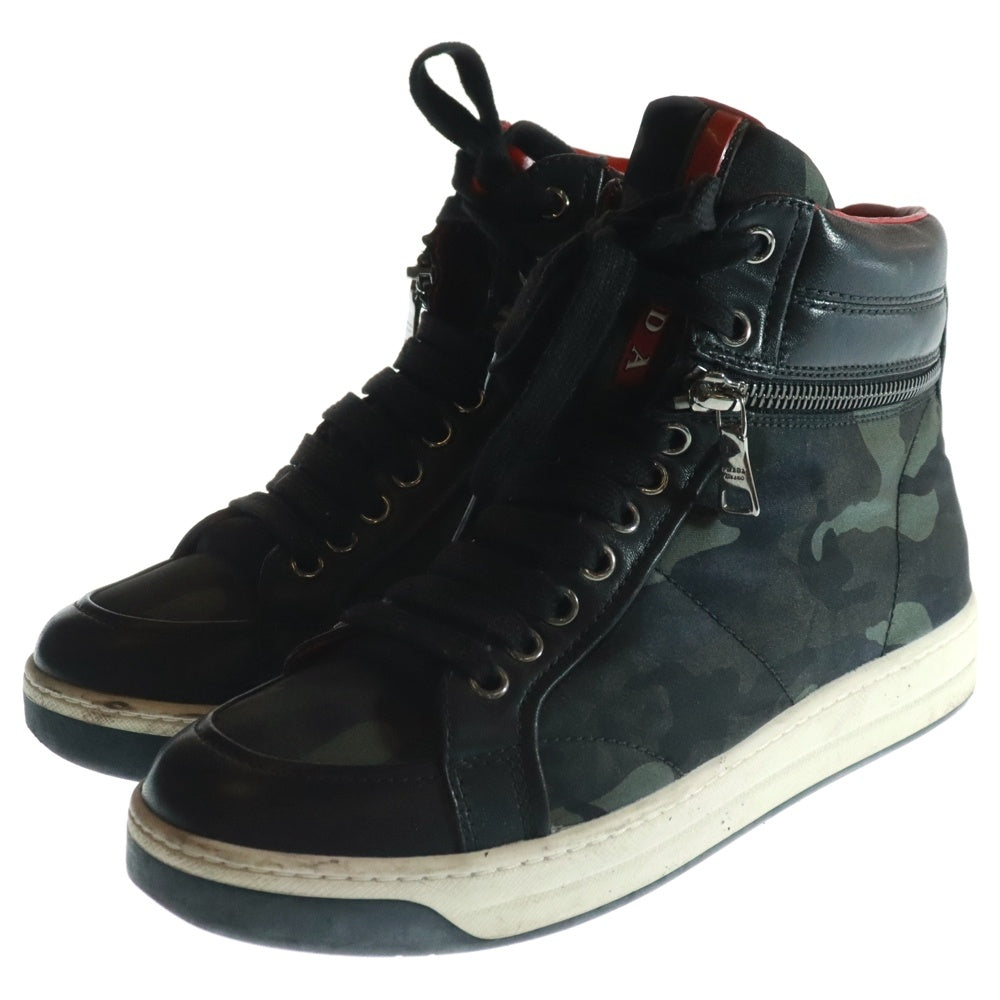 PRADA SPORT(プラダ スポーツ) レザー切替 カモ柄 サイドジップ レースアップ ハイカットスニーカー ブラック レディース 3T 5871