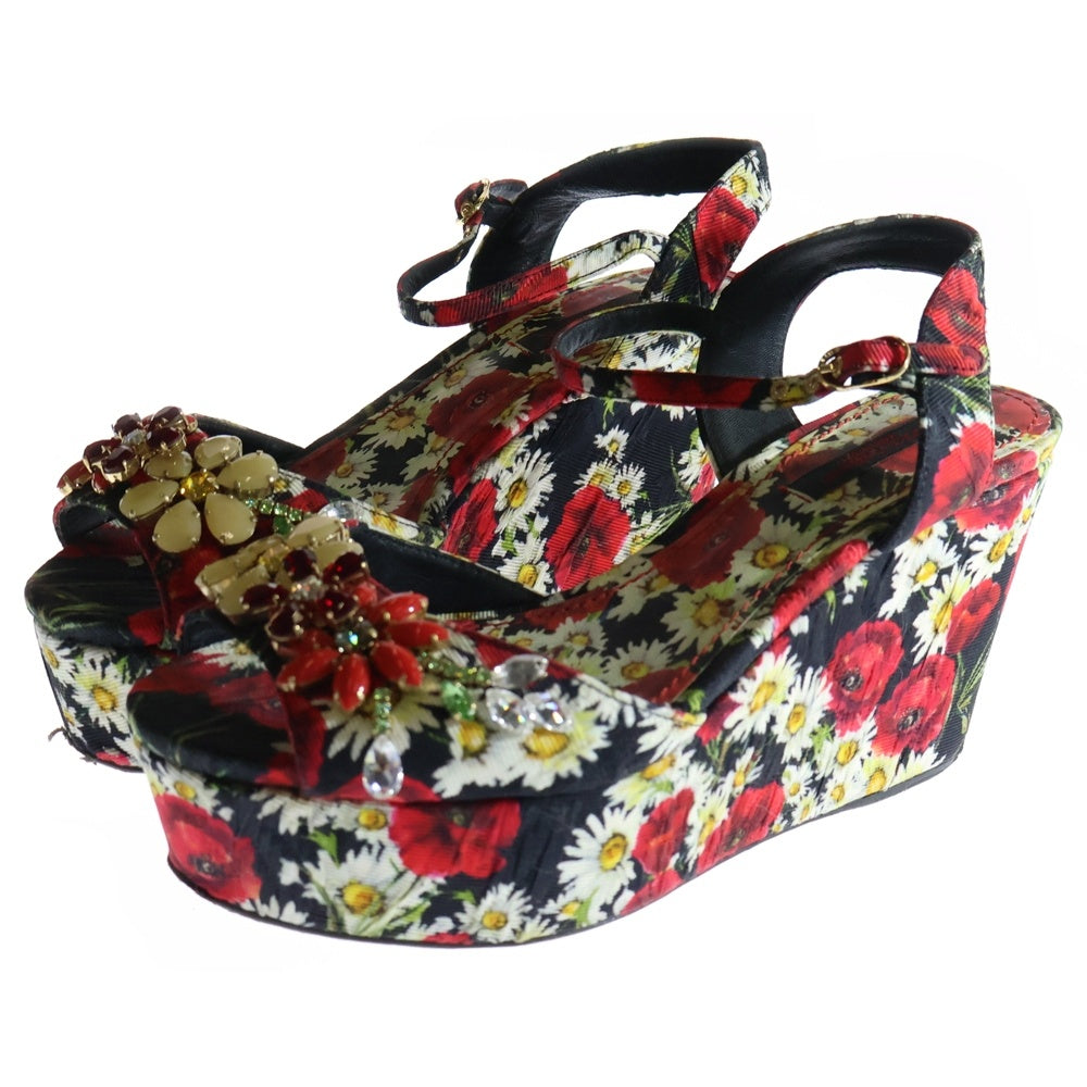 DOLCE & GABBANA(ドルチェアンドガッバーナ) クリスタル ウェッジソール ハイヒール フラワー ビジュー サンダル レディース マルチカラー
