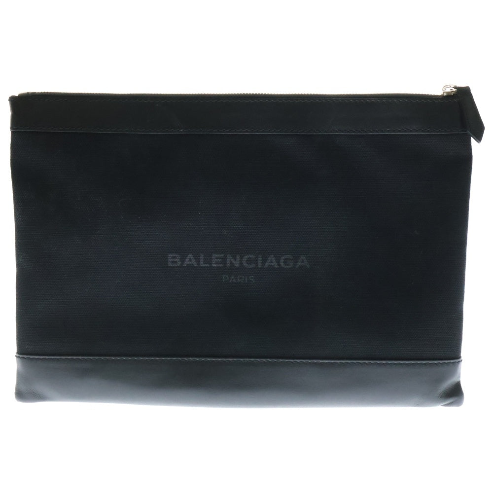 BALENCIAGA(バレンシアガ) レザー切替キャンバスネイビークリップ ロゴプリントクラッチバッグ ブラック 373834