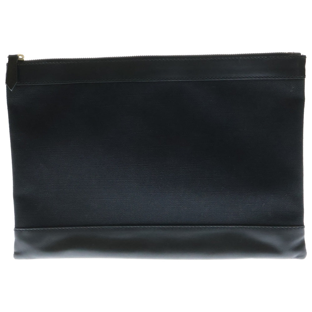 BALENCIAGA(バレンシアガ) レザー切替キャンバスネイビークリップ ロゴプリントクラッチバッグ ブラック 373834