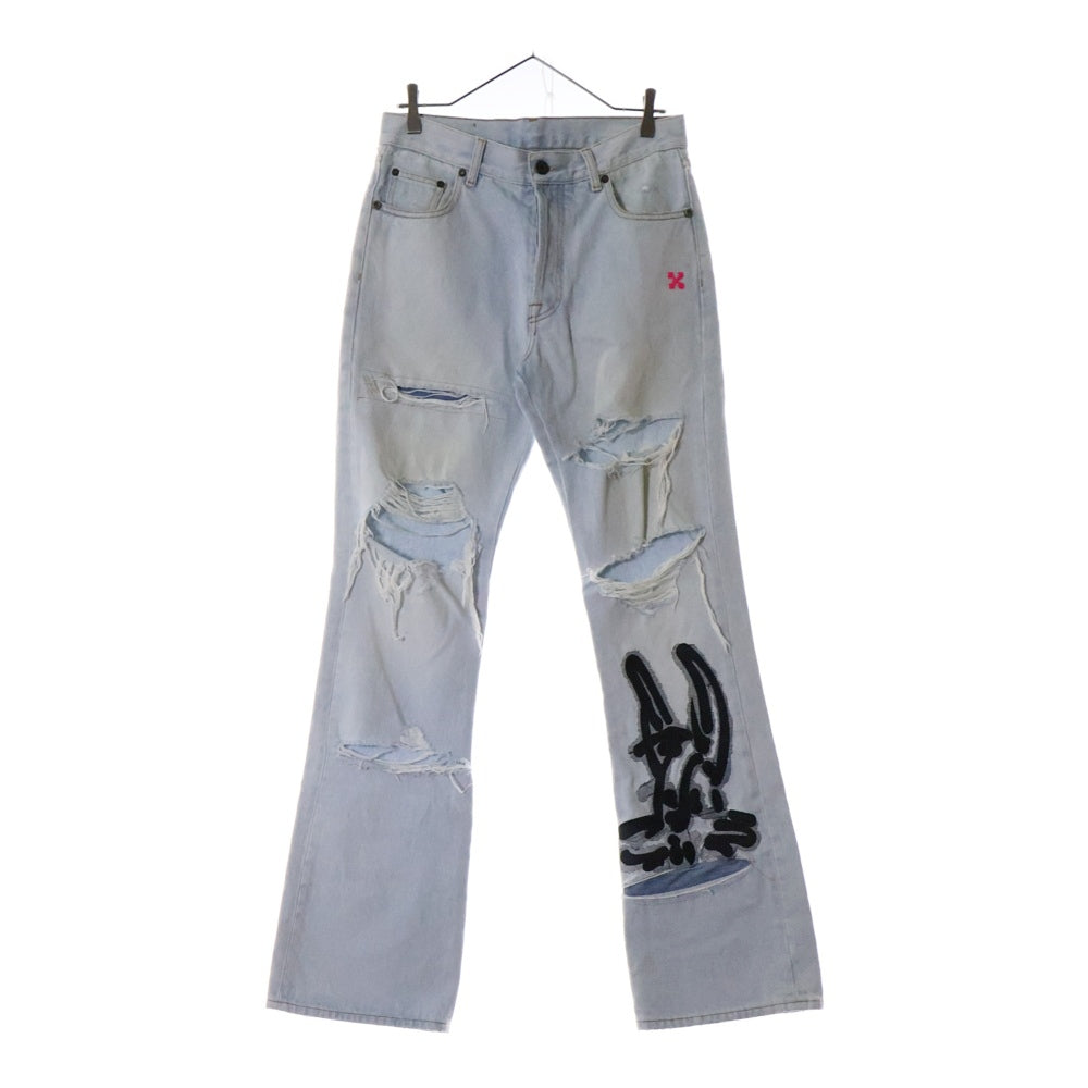 OFF-WHITE(オフホワイト) 19AW バニーエンブロイダリー ダメージ加工 ブーツカットデニムパンツ インディゴ OMYA065R20386008