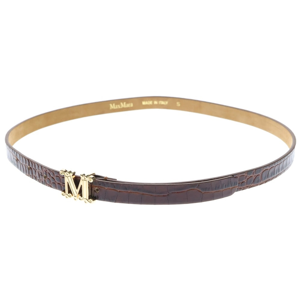 MaxMara(マックスマーラ) ムグラツィアータ スタンプド エキゾチック Mロゴバックル レザー ナローベルト レディース ブラウン