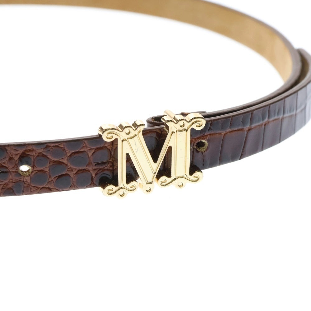 MaxMara(マックスマーラ) ムグラツィアータ スタンプド エキゾチック Mロゴバックル レザー ナローベルト レディース ブラウン