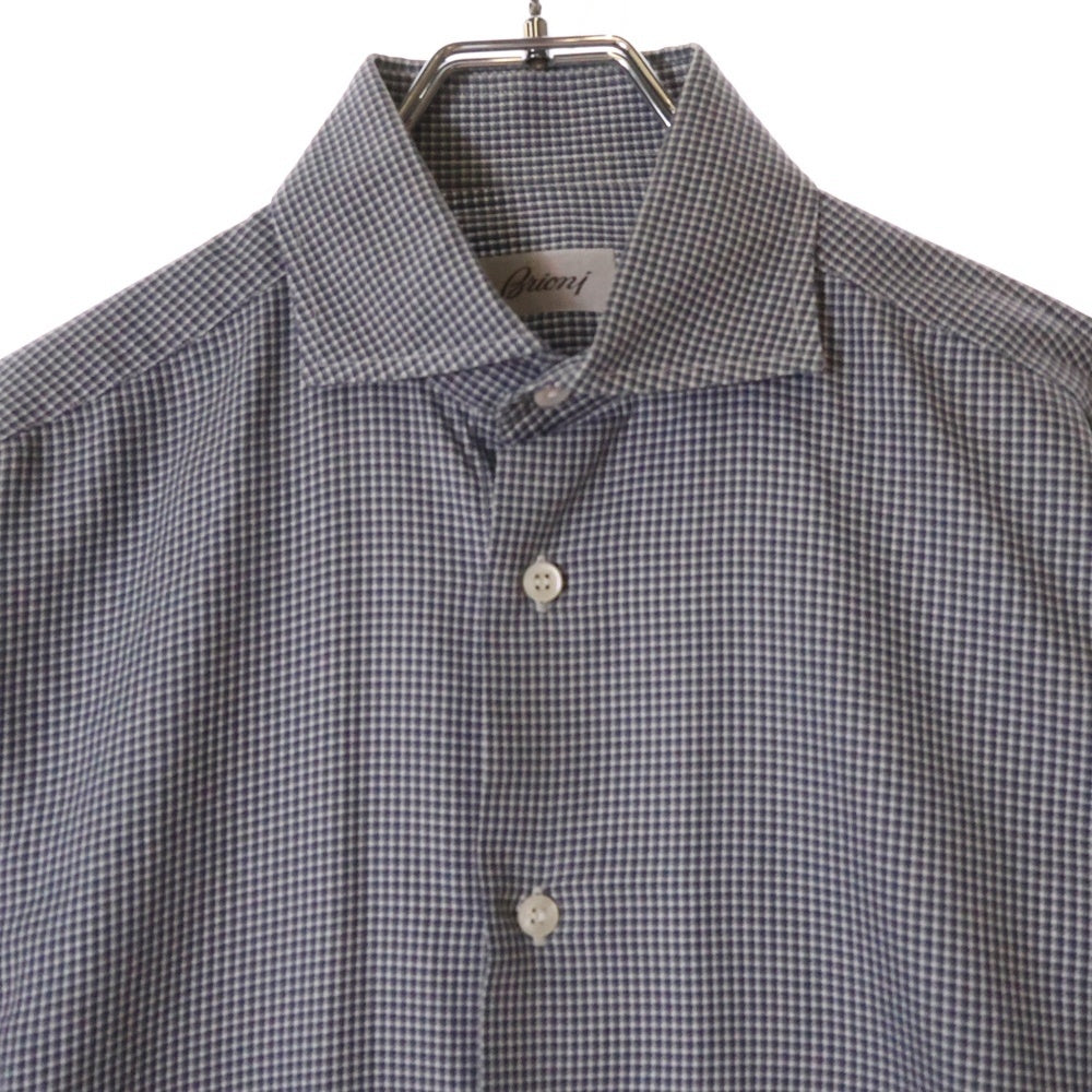 Brioni(ブリオーニ) イタリア製 千鳥格子 ワイドカラー コットン 長袖シャツ ネイビー/グレー