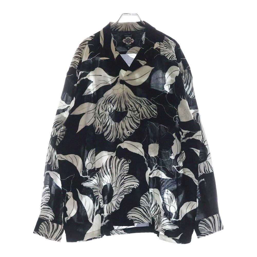 BUDSPOOL(バッズプール) ×GAKKIN ガッキン 廻り花 HAWAIIAN SHIRT レーヨン ハワイアン ロングスリーブ オープンカラー 長袖シャツ ホワイト/ブラック
