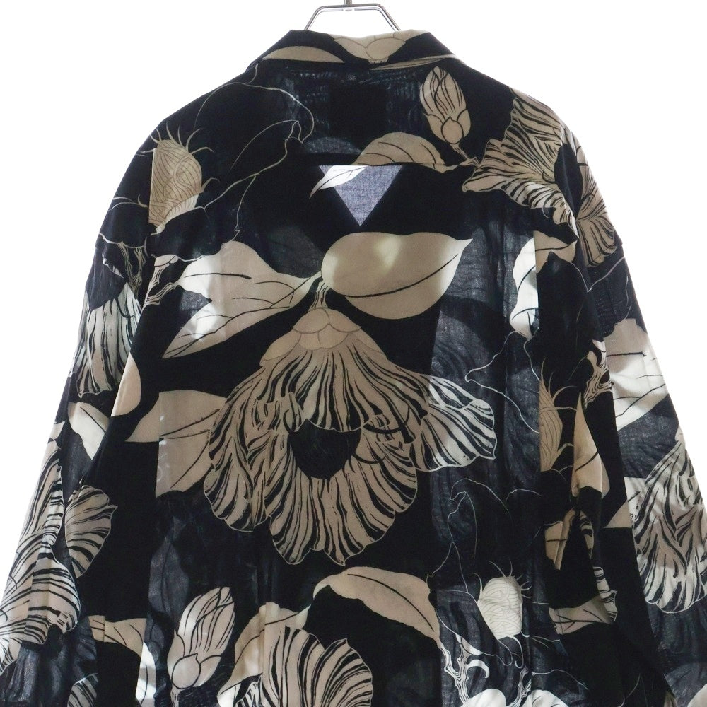 BUDSPOOL(バッズプール) ×GAKKIN ガッキン 廻り花 HAWAIIAN SHIRT レーヨン ハワイアン ロングスリーブ オープンカラー 長袖シャツ ホワイト/ブラック