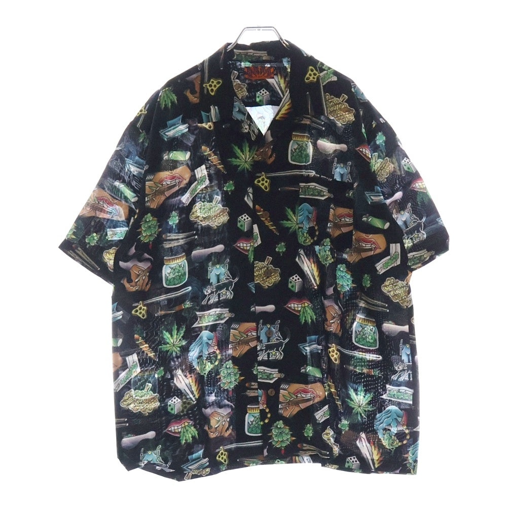 BUDSPOOL(バッズプール) ×UE THE PARLOUR FLIP&DRAW HAWAIIAN SHIRT ユーイー ザ パーラー フリップアンドドロー 総柄 ハワイアン レーヨン オープンカラー 半袖シャツ ブラック