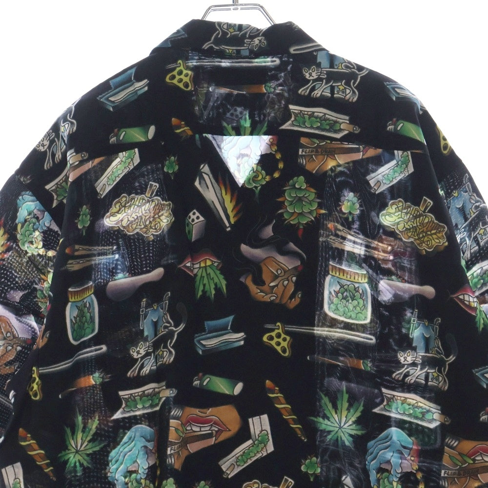 BUDSPOOL(バッズプール) ×UE THE PARLOUR FLIP&DRAW HAWAIIAN SHIRT ユーイー ザ パーラー フリップアンドドロー 総柄 ハワイアン レーヨン オープンカラー 半袖シャツ ブラック
