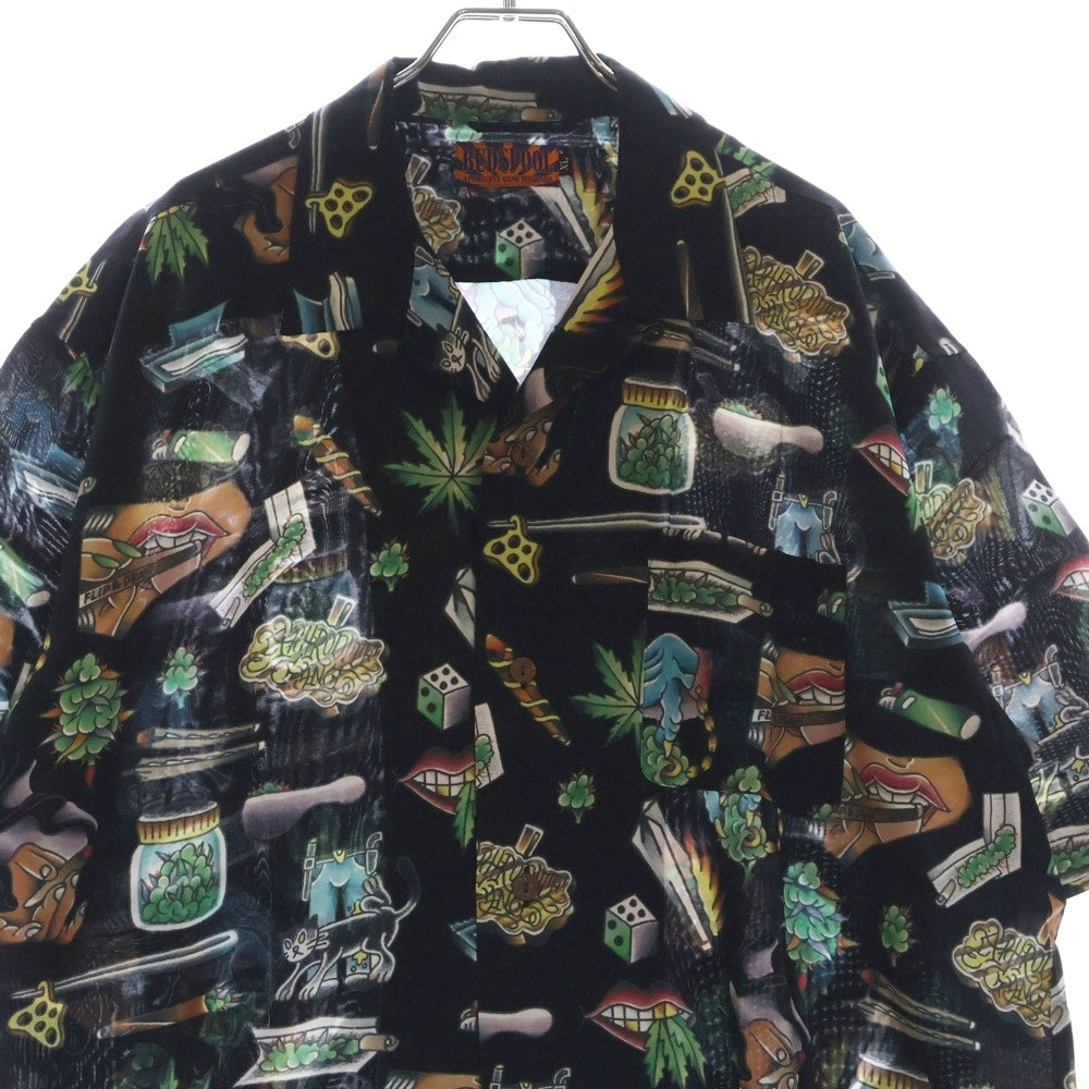BUDSPOOL(バッズプール) ×UE THE PARLOUR FLIP&DRAW HAWAIIAN SHIRT ユーイー ザ パーラー フリップアンドドロー 総柄 ハワイアン レーヨン オープンカラー 半袖シャツ ブラック