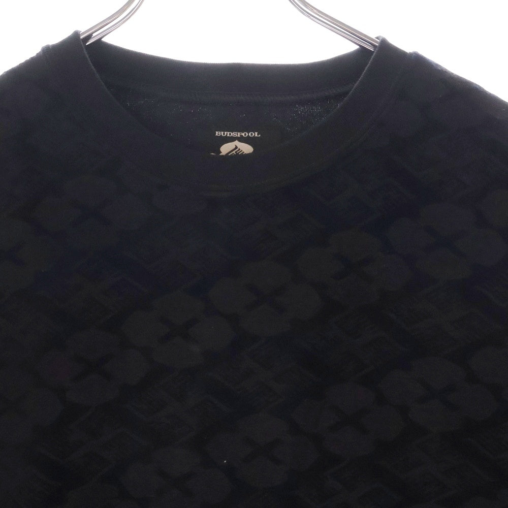 BUDSPOOL(バッズプール) ×GAKKIN ガッキン 花罰家紋 コットン ベロア クルーネック 半袖 Tシャツ カットソー ブラック